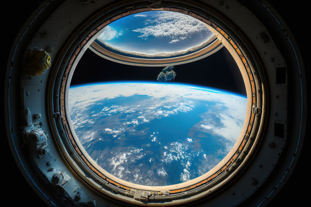 NASA provided the space station window view of Earth for this photographの素材