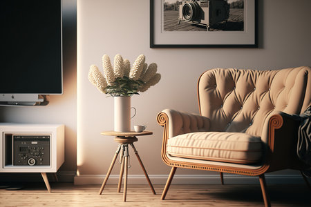 Modern retro recliner in a beige bedroom with two round wooden tables, a vintage camera, and a flower vaseの素材