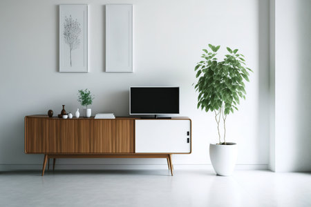 Modern white room interior with wooden cabinet designの素材