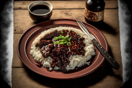 Mongolian beef, a delicious option for a lunchtime meal in Asia, is served with rice and a spicy sauceの素材