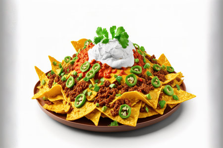 Nachos made with corn chips, guacamole, and fried minced meat isolated on whiteの素材