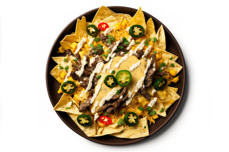 Nachos with cheese and peppers and brisket. a single image on whiteの素材