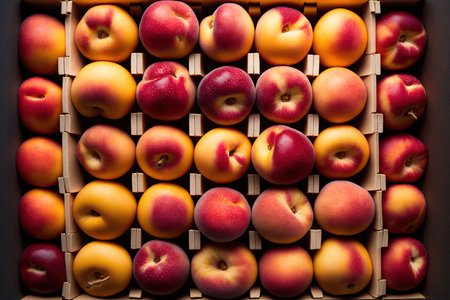 Nectarines in Rows Big Group of Arranged Smooth Peaches, Red and Yellow Fruit Ordered in Line in Market Box Background Top View, Detailed Close Up Macro, from Aboveの素材