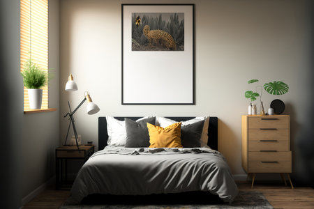 mockup of an interior poster with a square frame hanging in a bedroomの素材