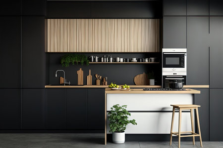 modern kitchen with wood in black and whiteの素材