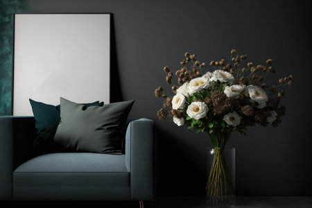mock up of a poster in a contemporary decor with a dark room and a bouquet on a table,の素材