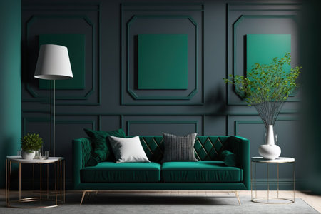 modern living room in dark greenの素材