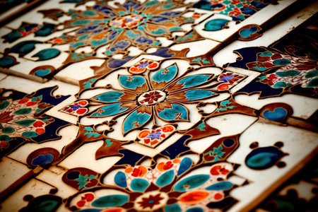 Old ornamental flower tiles from an old mosque are blurred in Iranの素材