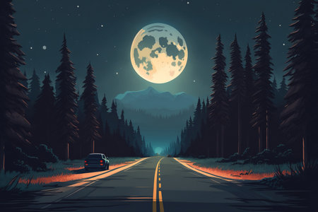 Nighttime scene with a full moon shining brightly above a forest location. Nighttime asphalt road leading towards the woodland. tranquil backgroundの素材