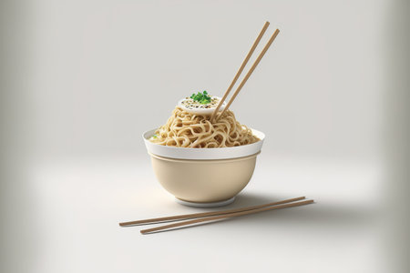 Noodles and chopsticks isolated on a white backdropの素材