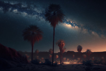 Nighttime scene with palm trees the milky way and stars in the night sky, with the red sea in the foreground Peninsula of Sinaiの素材