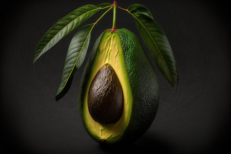 On a dark background, a fresh avocado. concept of vegetarian food. looking upの素材