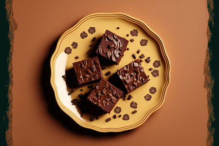 On a beige background, a plate contains delectable chocolate brownie slicesの素材
