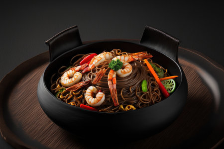 Noodles stir fried with vegetables and shrimp in a dark dish. Vegetable filled Japanese soba salad Beef and soba noodle bowl. Asian cuisine Udon noodles in a hot dish of indo chinese cuisineの素材