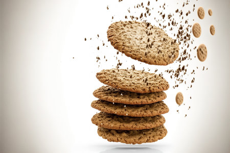 Oatmeal cookies in flight, isolated on whiteの素材