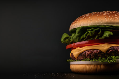 On a black background, a close up of a hamburger with beef, tomato, lettuce, and cheese. Fast food with a text area on a dark backgroundの素材