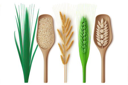 Oars of cereal that are green and dried, isolated on a white background. Oat, flax, rye, barley, bulrush, and wheat earsの素材