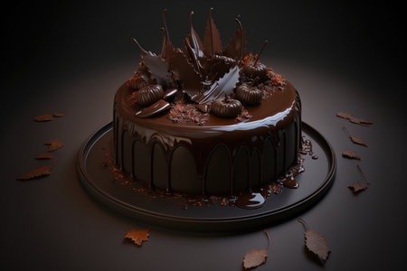 On a dark background, there is a delectable chocolate cake with delectable liquid chocolateの素材