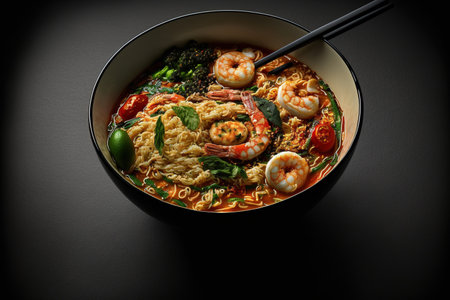On a dark background, instant noodles and Tom Yum Goong spicy shrimp soup are displayedの素材
