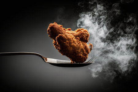 On a fork with smoke, drum and flat fried chicken wings. copy area is usedの素材