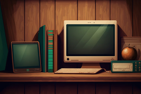 On a brown wall shelf are a laptop, a phone, and a digital tablet computer. rectangular backgroundの素材