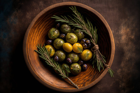 Olives with oil and rosemary herbs in a wooden bowl, top viewの素材