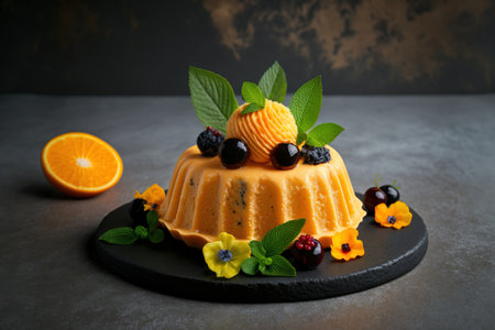 On a black platter, orange cake with dried cherry and fresh mint leaves are garnished. gray background of concrete. looking up. Copy spaceの素材