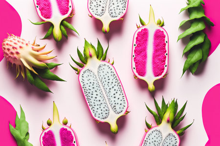 On a background of white and pink with a two tone, creative flat layout featuring dragonfruit. This fresh, juicy, healthy exotic fruit is shown in a flat lay from the topの素材