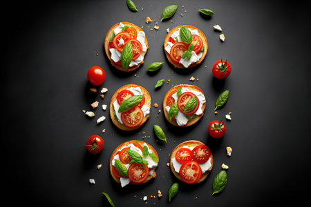 On a gray background, sandwiches with fried toast, feta cheese, and tomatoes. bruschetta made in Italyの素材