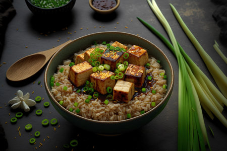 On a gray background, a bowl of brown rice, green onions, and tofu that has been marinated. Asian cuisine ideaの素材