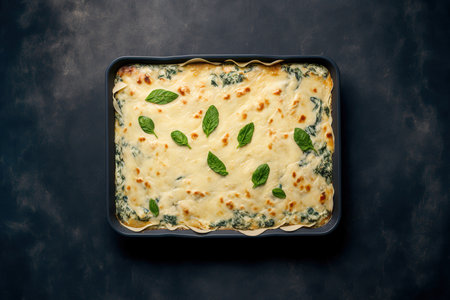 On a dark blue slate, stone, or concrete background, there is a baking dish filled with homemade, delectable chicken mushroom spinach lasagna. copy space in the top viewの素材