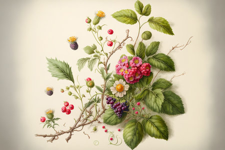 Old fashioned botanical drawing of a raspberry branch with fruit and blossoms. Wildflower bouquet in watercolor that was drawn by hand. Flowers, berries, and herbs. picture alone against a white backdの素材