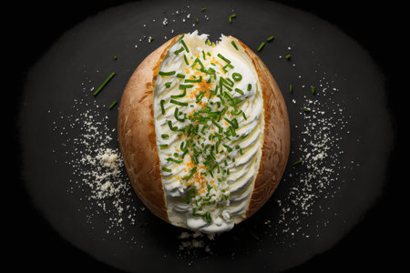 On a dark background, a top view of a baked potato with butter, cream cheese, and green onions within, seasoned with freshly ground black pepper and sea salt flakesの素材