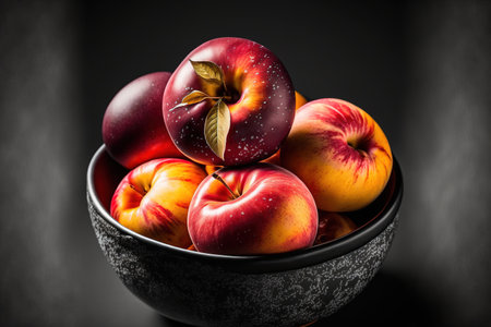 On a black background, a lovely bowl in black and white is filled with ripe red nectarines that are ready to be eatenの素材