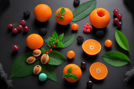 On a gray background, there are whole and half orange berries and fresh apricots with mintの素材