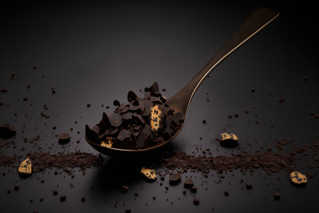 On a black background, a little spoon holds a chocolate chip and broken shards of black chocolate. Copy spaceの素材