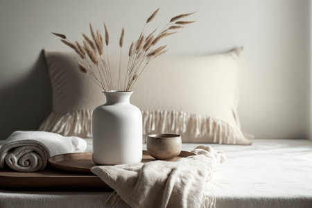 On a vintage wooden bench and table, a contemporary white ceramic vase has dried Lagurus ovatus grass and a marble tray. blanket in front is blurred beige linen. Scandinavian style decor. Copy space aの素材