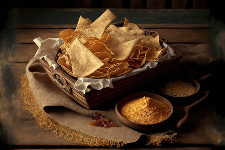 On a table covered in burlap are nachos in a brown wooden dish. traditional corn chips from Mexico with seasoningsの素材