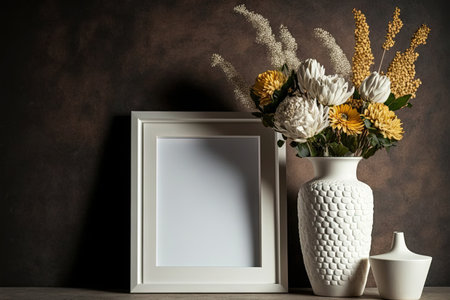 On a table are a faux photo frame and a vase of dried flowers. Brick tiled wall in the distance. Nordic style interior design for the homeの素材