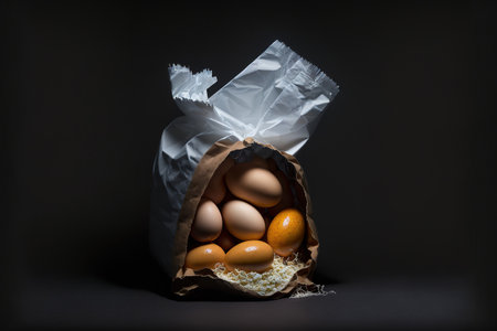On a black background, chicken eggs in a bag are seenの素材