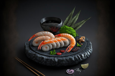 On a stone platter with a dark background, there is sushi and fried garlic shrimp and prawnの素材