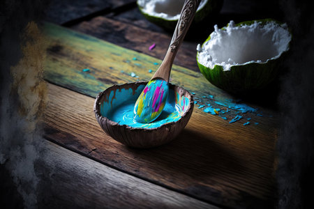 On a colored wooden table with a wooden spoon and fresh coconut oil, the backgroundの素材