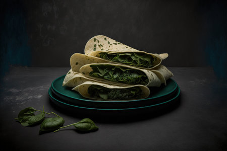 On a dark background, green tortillas with spinach, tortilla flatbreads for wraps, contemporary mexican foodの素材
