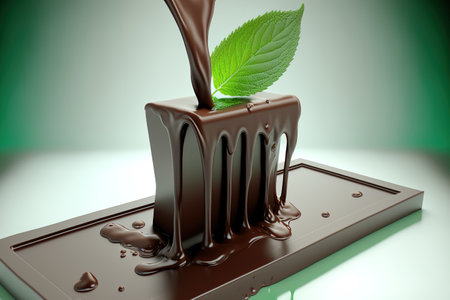 On a table, melted chocolate is being poured into a piece of chocolate bar with a green mint leafの素材