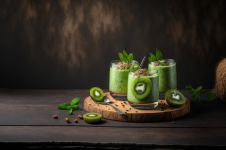On a dark table, glasses of delicious kiwi smoothie with oatmealの素材