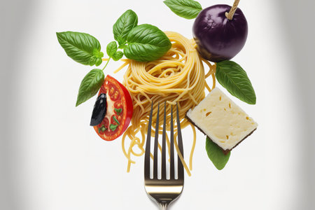 On a white background, an isolated fork holds spaghetti, pasta, cheese, aubergines, and basilの素材