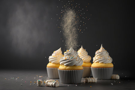 On a gray background, delectable vanilla cupcakes with cream cheese and sugar candies. for a birthday dessert. judicious use of focus and spaceの素材