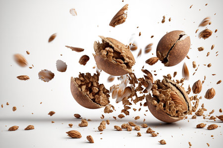 On a white background, a close up of flying shattered walnutsの素材