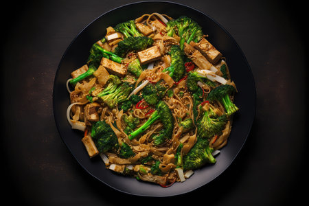noodle dish with broccoli and tofu that is stir fried. a cooked vegetarian supperの素材