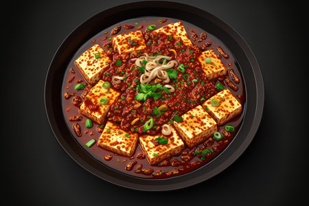 On a plate Mapo tofu with Sichuan tofu. Asian food, Macao cuisine, Chinese cuisine, and Hong Kong cuisine. Chilli tofu is spicy tofu. menu of a restaurantの素材